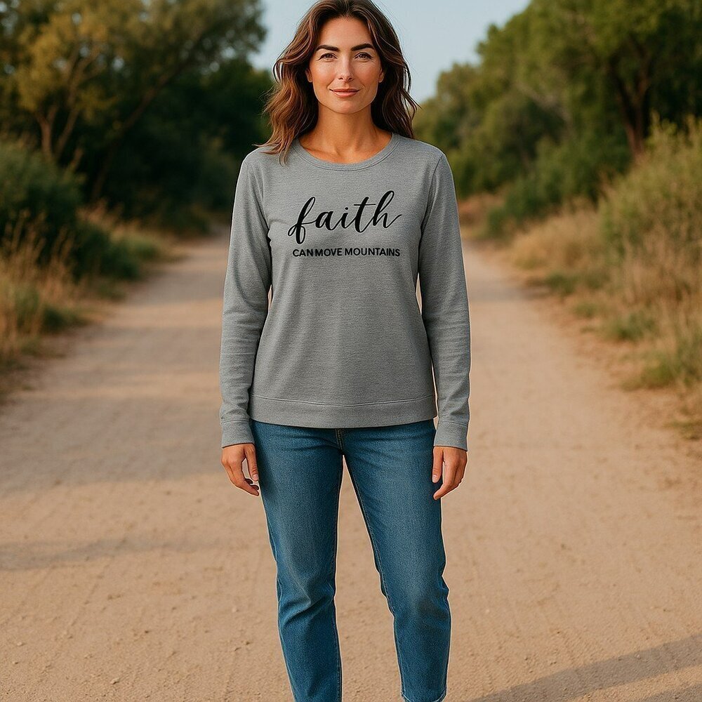 Faith Can Move Mountains Cato Womens Large ? Gray Pullover Sweatshirt Shirt